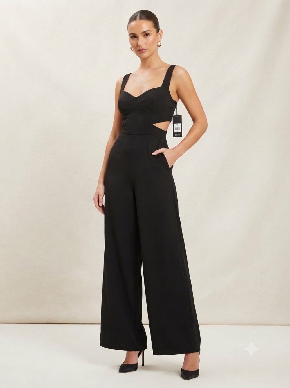 21 Saints Black Wide-Leg Cutout Jumpsuit with Sweetheart Bodice NWT Size XS 0079